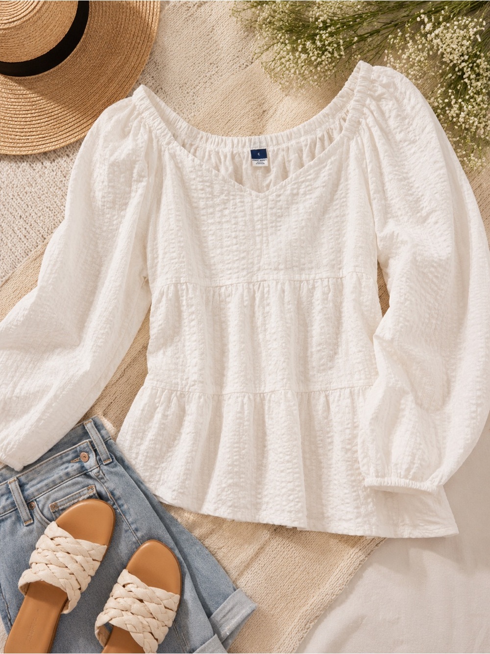 Old Navy White Textured Peasant Top - Brand Unspecified